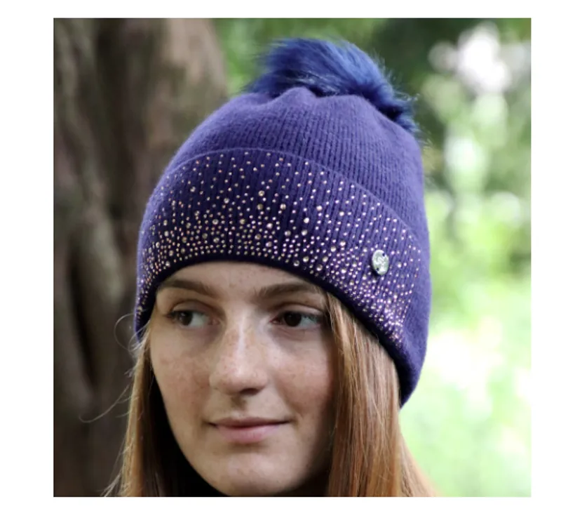 Hy Equestrian Alaska Diamante Bobble Hat in Navy/Rose Gold