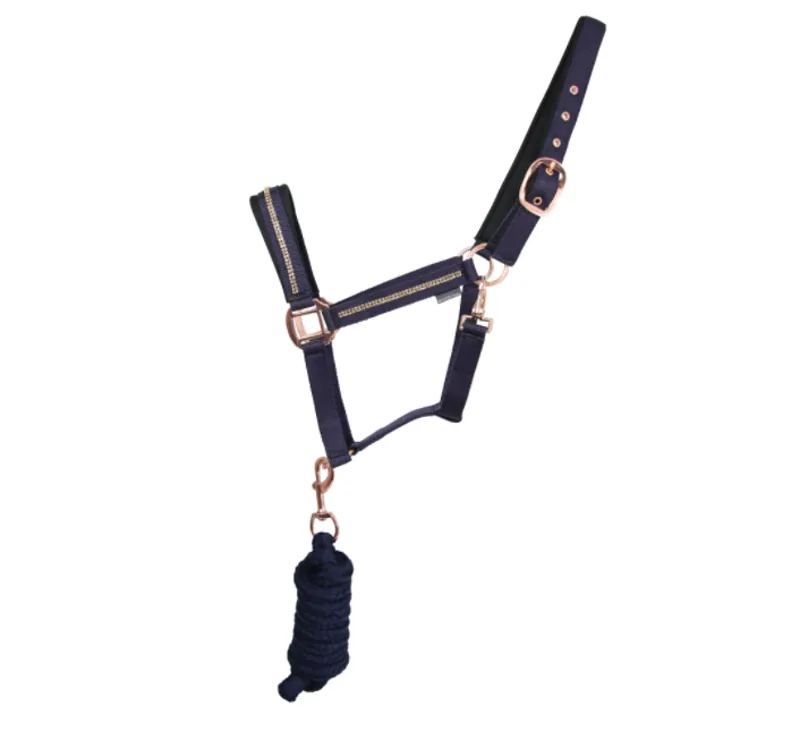 Hy Equestrian Sparkling Head Collar and Lead Rope Set in Navy/Rose Gold
