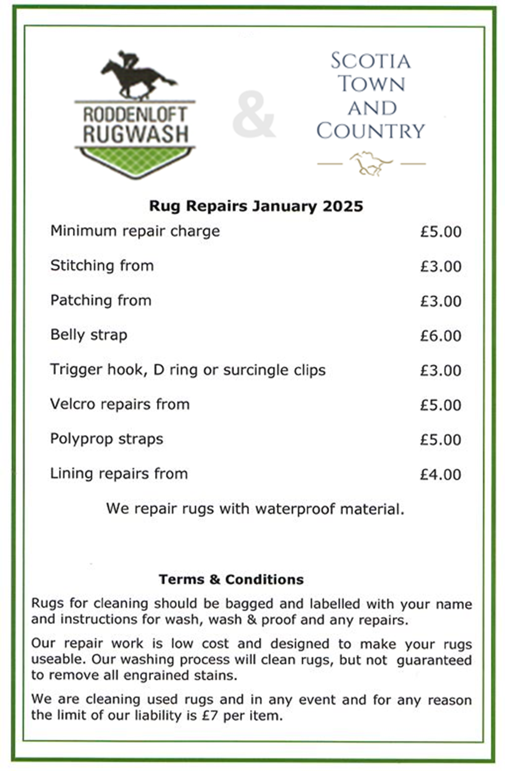 Roddenloft Repairs Price List