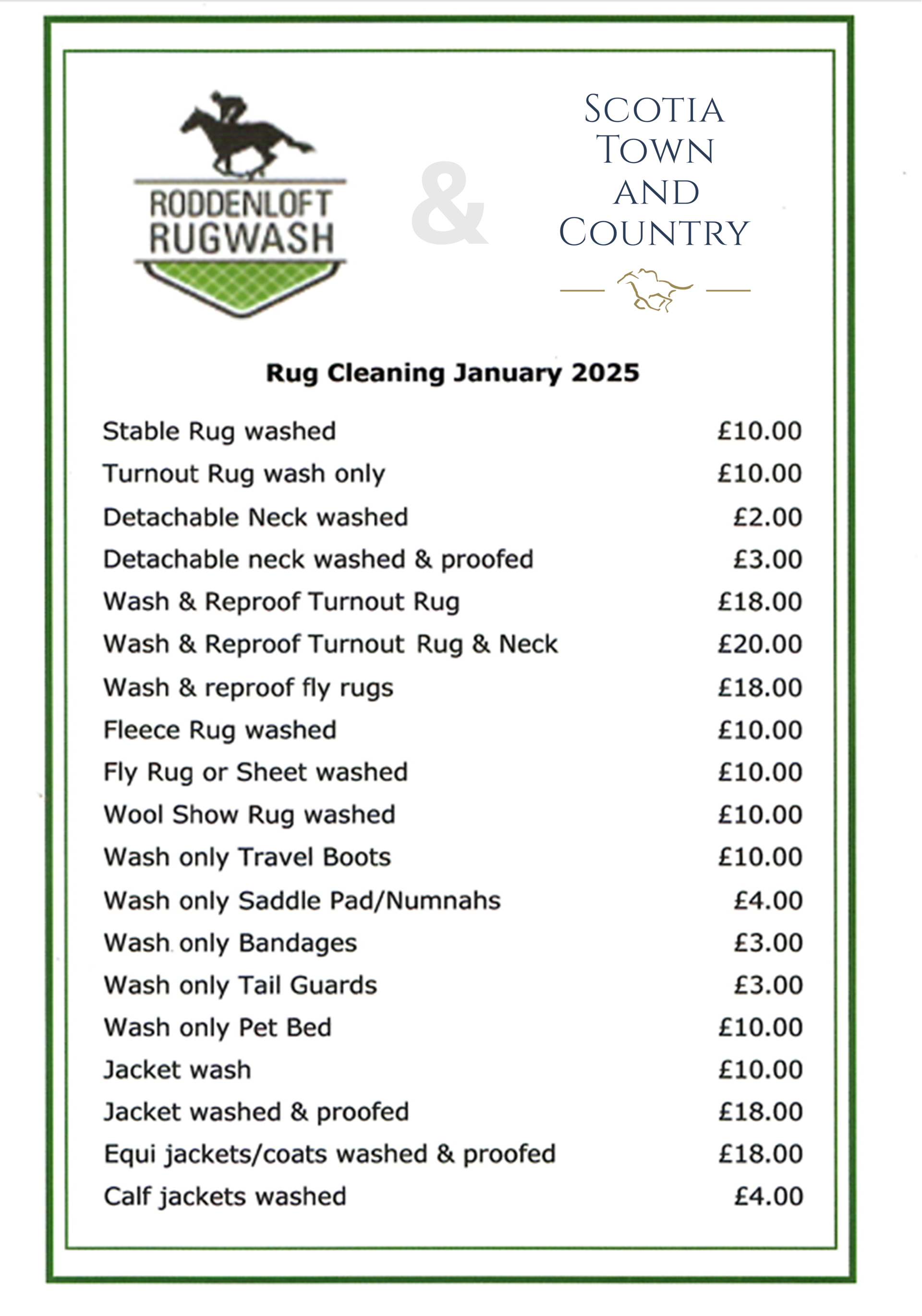 Roddenloft Price List 