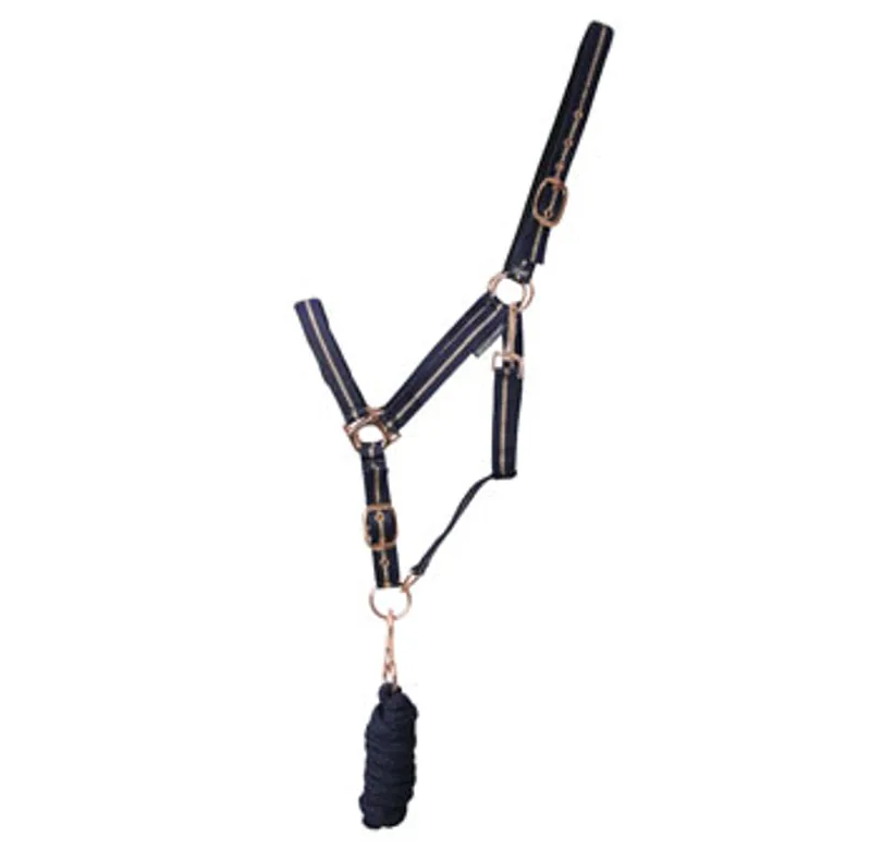 Hy Equestrian Rose Glitter Head Collar and Lead Rope Set in Navy