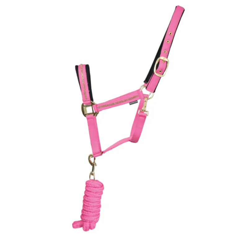 Hy Equestrian Sparkling Head Collar and Lead Rope Set in Pink/Gold
