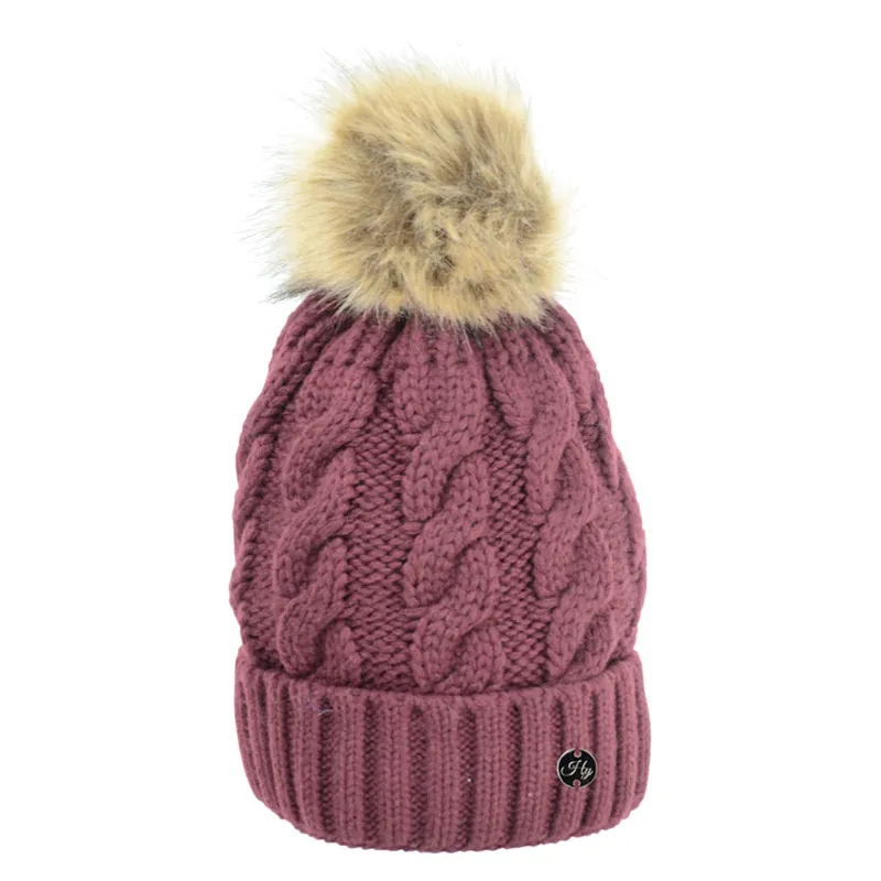 Hy Equestrian Melrose Cable Knit Bobble Hat in Damson