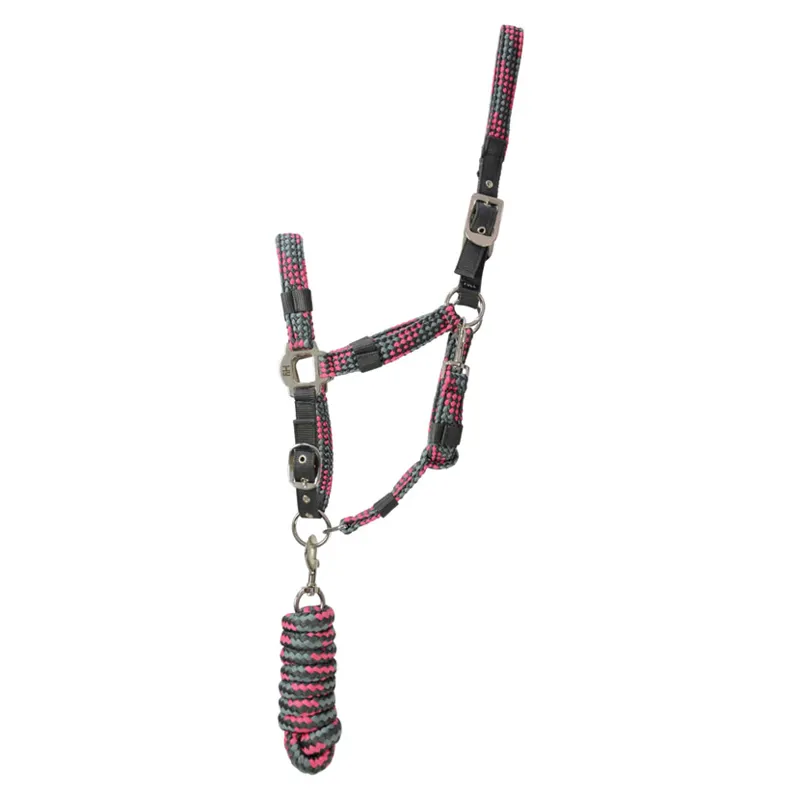 Hy Equestrian Adjustable Head Collar With Rope in Pink/Grey